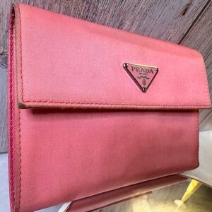 Prada Pink Satin Clutch with Gold Triangle Logo and coin pouch